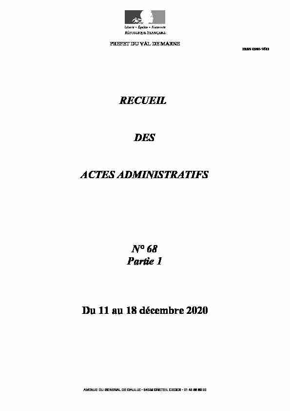 RECUEIL DES ACTES ADMINISTRATIFS N° 68 Partie 1 Du 11 au