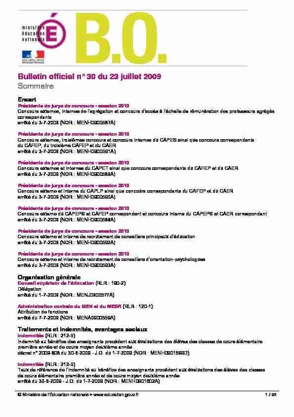 Bulletin officiel n° 30 du 23 juillet 2009 - Sommaire