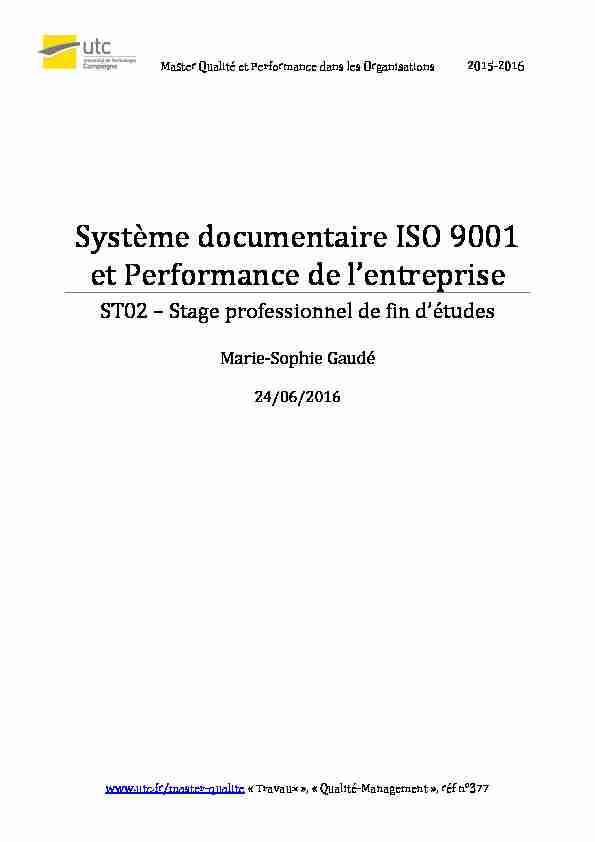 Système documentaire ISO 9001 et Performance de lentreprise