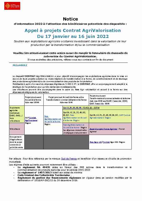 Notice Appel à projets Contrat AgriValorisation Du 17 janvier au 16