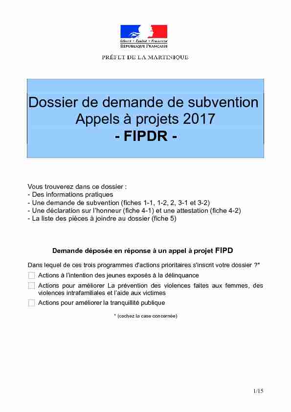 Dossier de demande de subvention Appels à projets 2017 - FIPDR