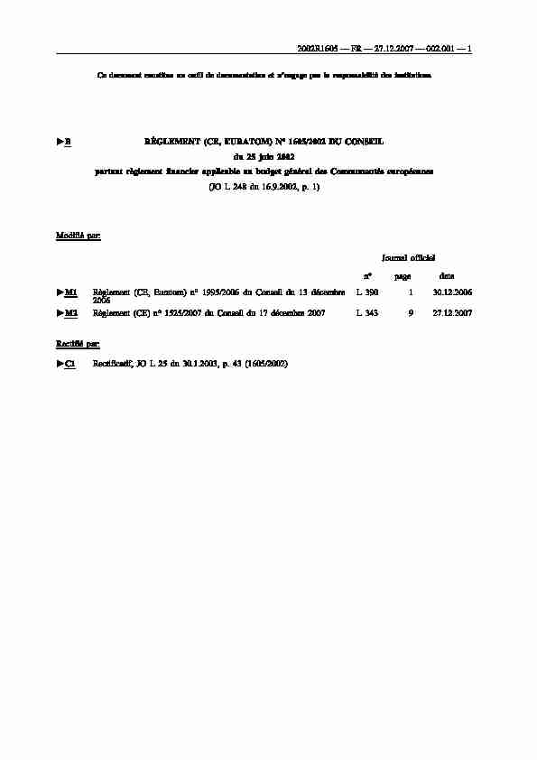 B RÈGLEMENT (CE EURATOM) No 1605/2002 DU CONSEIL du