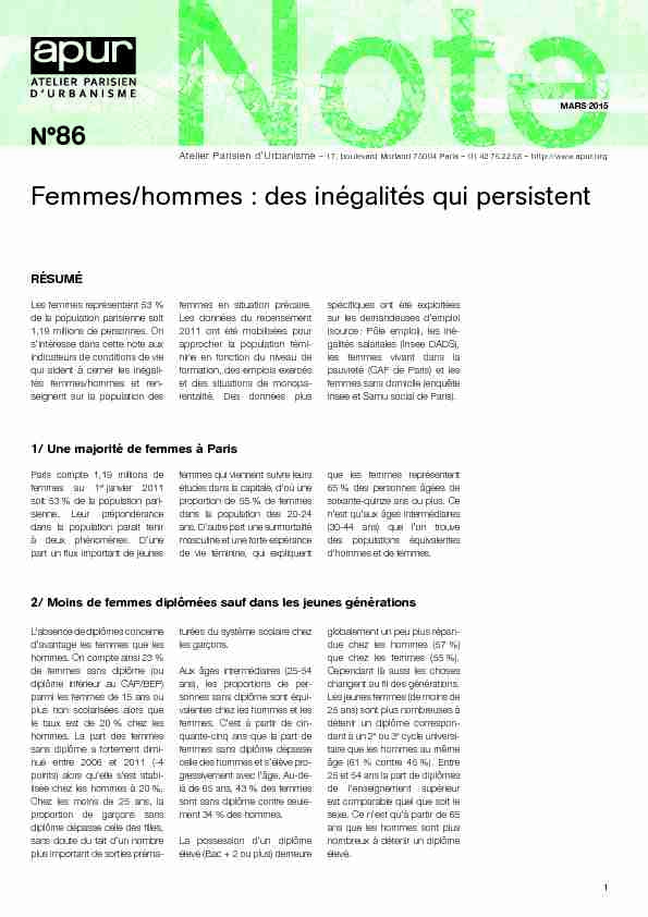Note n° 86 Femmes/hommes : des inégalités qui persistent