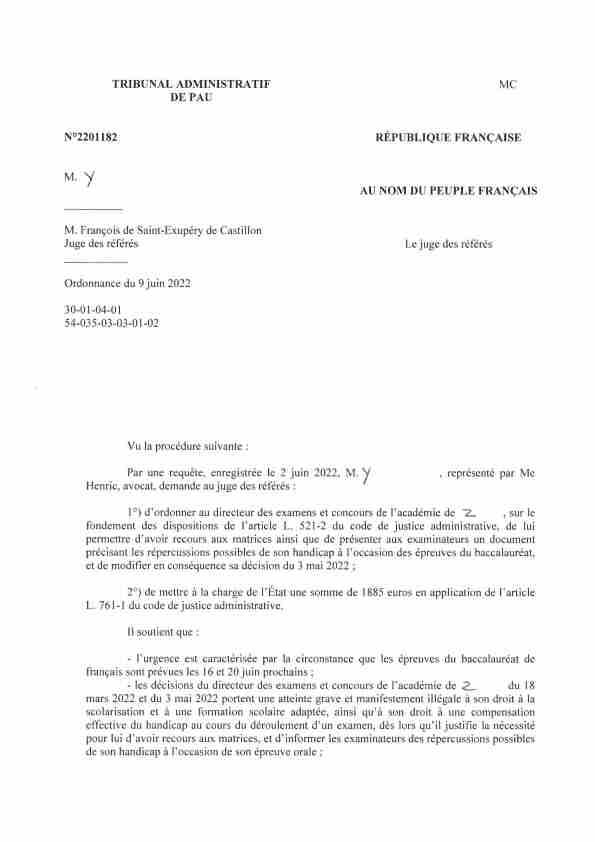 TRIBUNAL ADMINISTRATIF DE PAU MC N°2201182 RÉPUBLIQUE