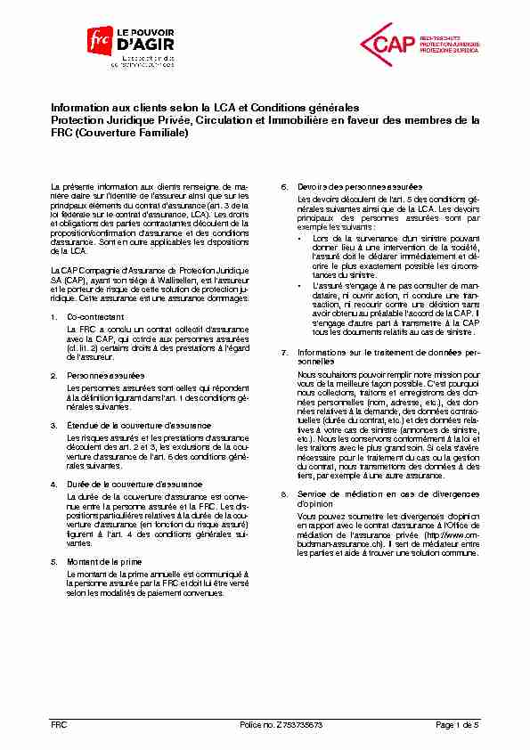 [PDF] Conditions générales dassurance de la Protection juridique FRC