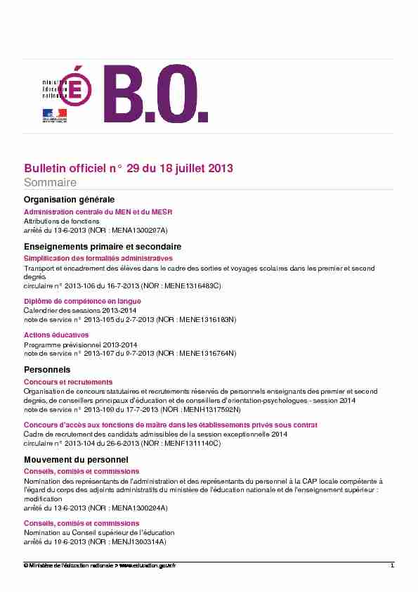 Bulletin officiel n° 29 du 18 juillet 2013 Sommaire