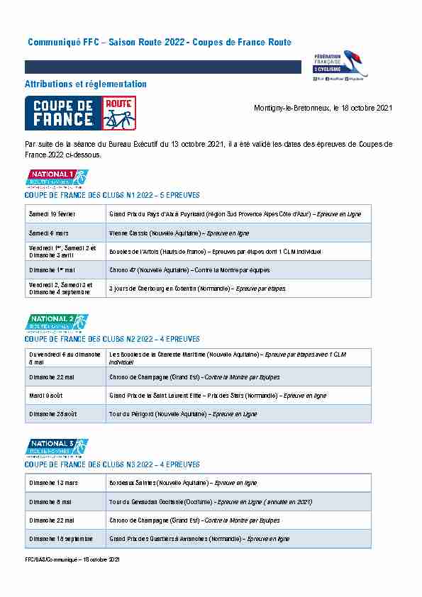 Communiqué FFC – Saison Route 2022 - Coupes de France Route