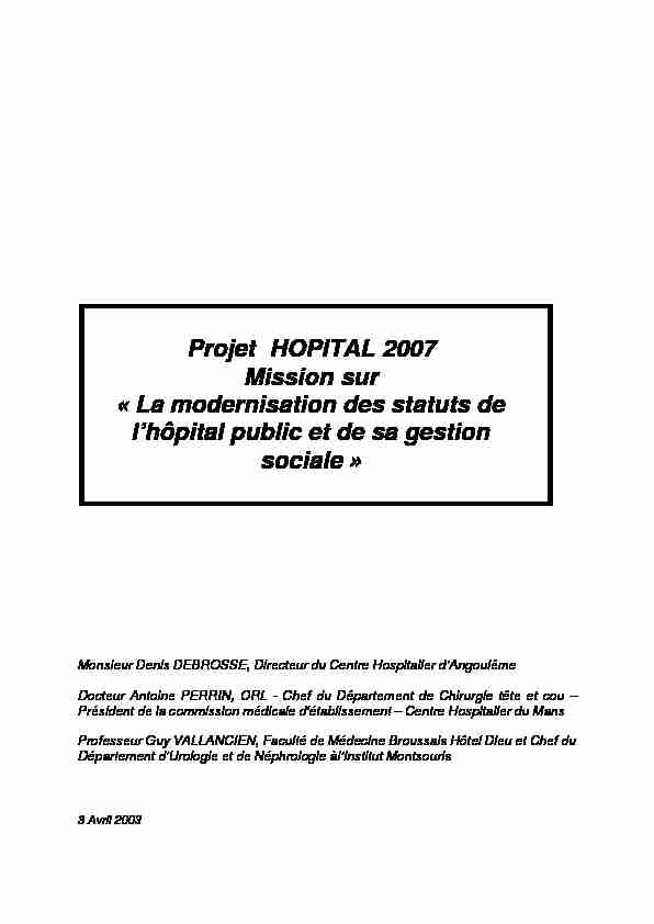 Projet HOPITAL 2007 Mission sur « La modernisation des statuts de