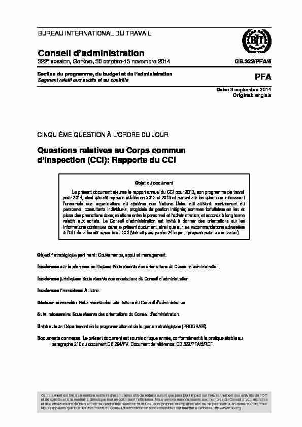 Questions relatives au Corps commun dinspection (CCI): Rapports