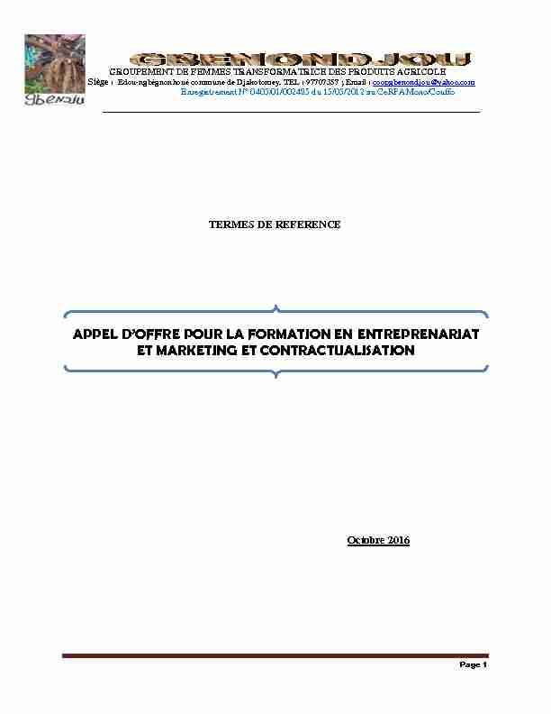 [PDF] APPEL DOFFRE POUR LA FORMATION EN ENTREPRENARIAT