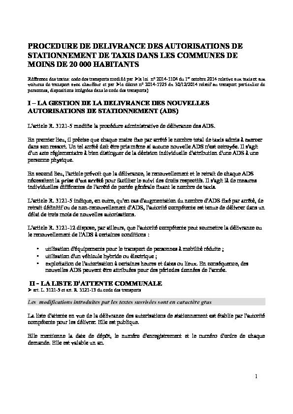 PROCEDURE DE DELIVRANCE DES AUTORISATIONS DE STATIONNEMENT DE