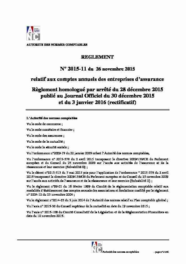 Règlement de lANC n° 2015-11 du 26 novembre 2015