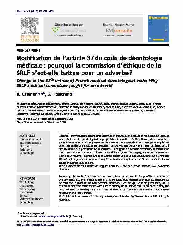 [PDF] Modification de larticle 37 du code de déontologie médicale - SRLF