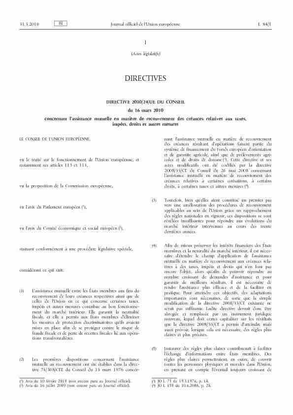 Directive 2010/24/UE du Conseil du 16 mars 2010 concernant l