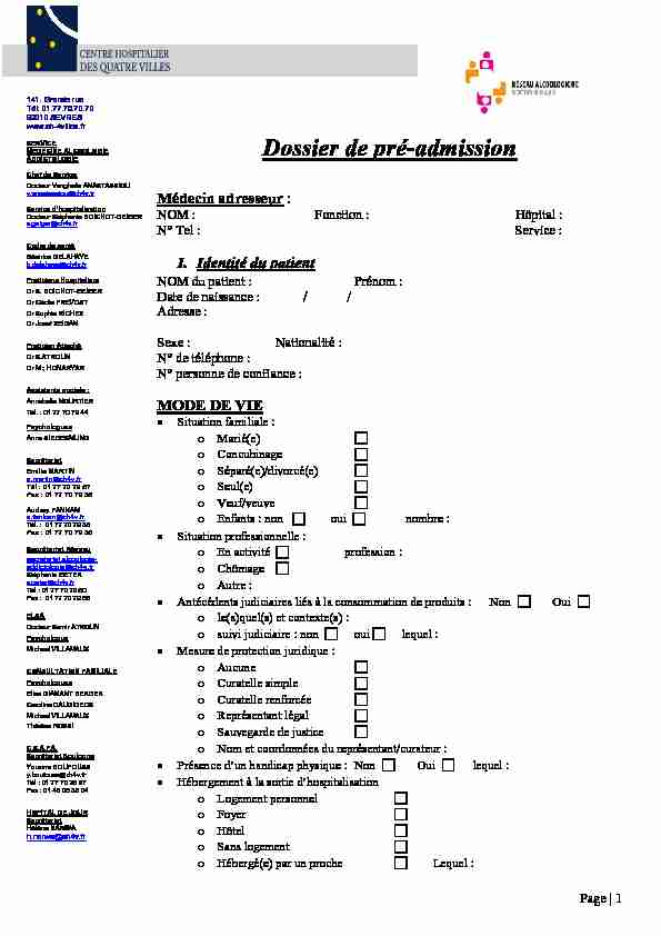 [PDF] Dossier de pré-admission - Centre Hospitalier des Quatre Villes