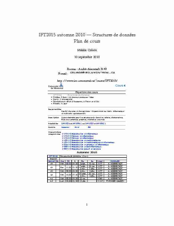 IFT2015 automne 2010 — Structures de données Plan de cours