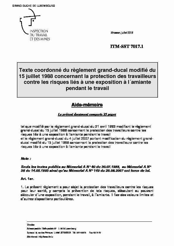 Texte coordonné du règlement grand-ducal modifié du 15 juillet