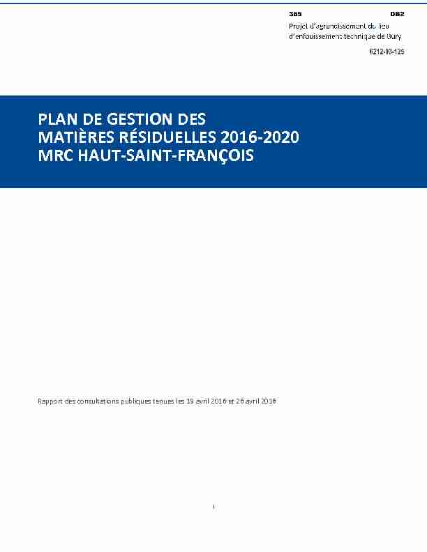 PLAN DE GESTION DES MATIÈRES RÉSIDUELLES 2016-2020