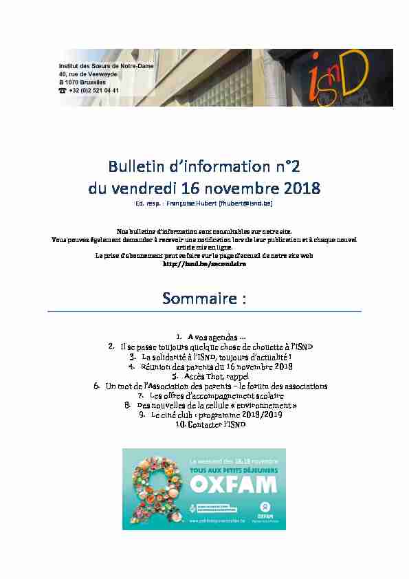 Bulletin dinformation n°2 du vendredi 16 novembre 2018 Sommaire :