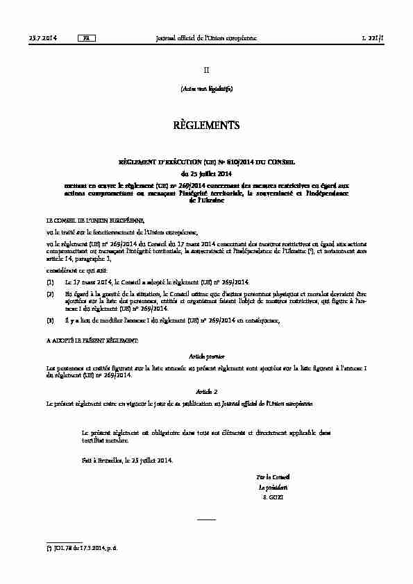 RÈGLEMENT DEXÉCUTION (UE) No 810/•2014 DU CONSEIL - du