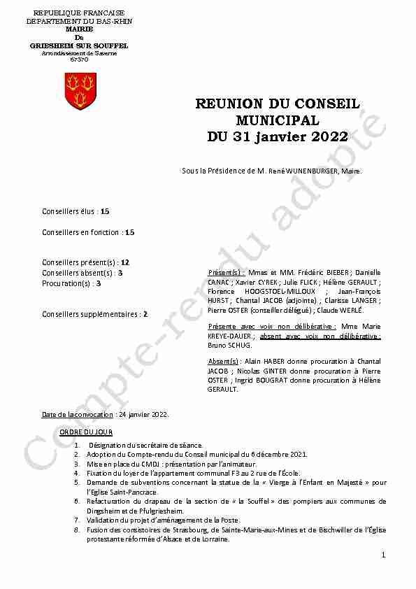 REUNION DU CONSEIL MUNICIPAL DU 31 janvier 2022