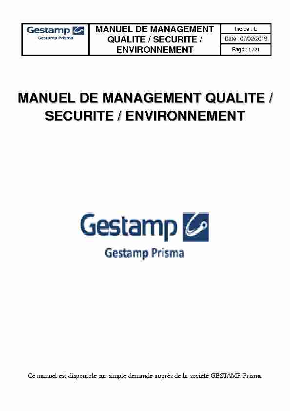 MANUEL DE MANAGEMENT QUALITE / SECURITE / ENVIRONNEMENT