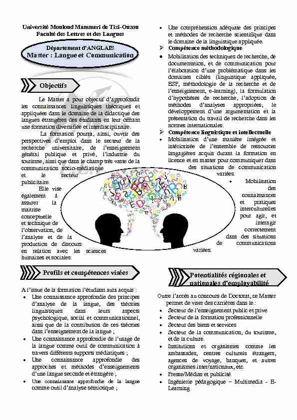 Master : Langue et Communication Objectifs Profils et compétences
