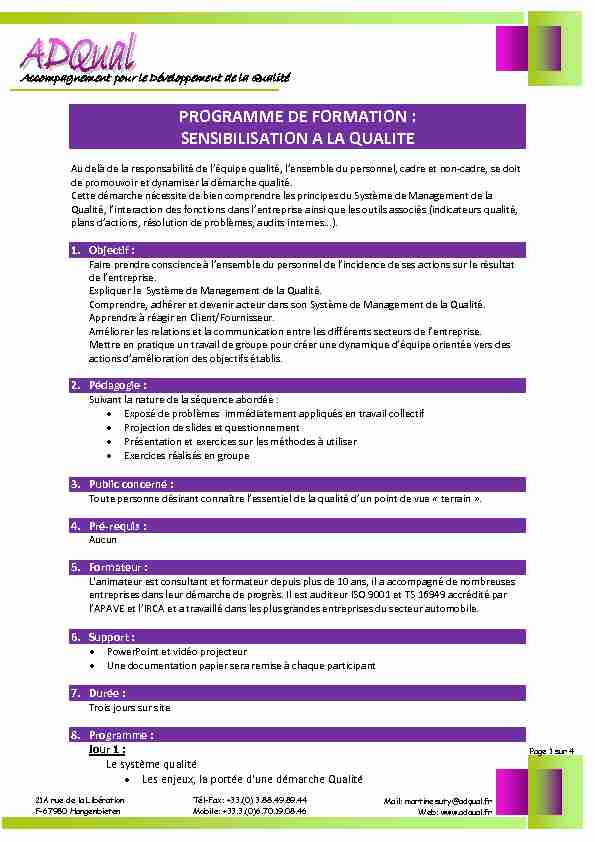 [PDF] PROGRAMME DE FORMATION : SENSIBILISATION A LA QUALITE