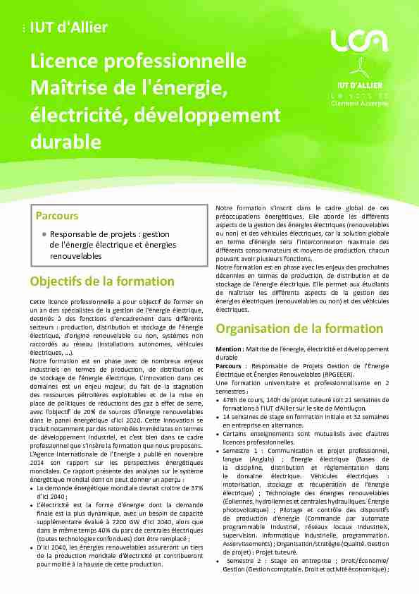 IUT dAllier - Licence professionnelle Maîtrise de lénergie électricité