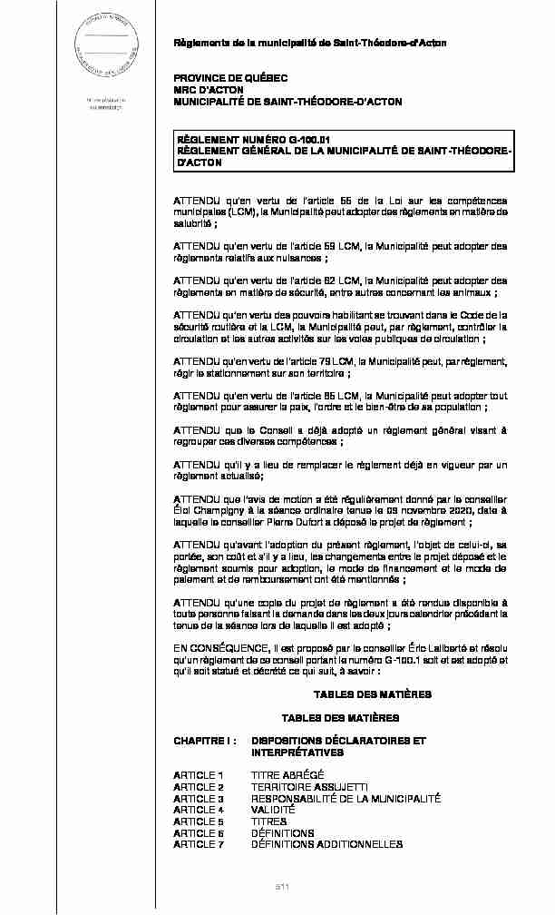 Règlements de la municipalité de Saint-Théodore-dActon