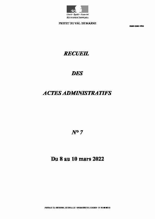 RECUEIL DES ACTES ADMINISTRATIFS N° 7 Du 8 au 10 mars 2022