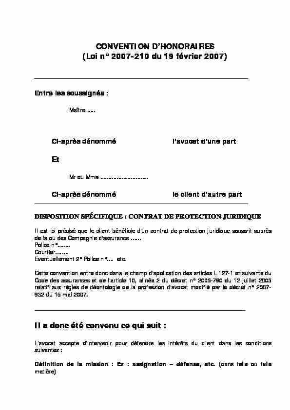 CONVENTION D’HONORAIRES (Loi n° 2007-210 du 19 février 2007)
