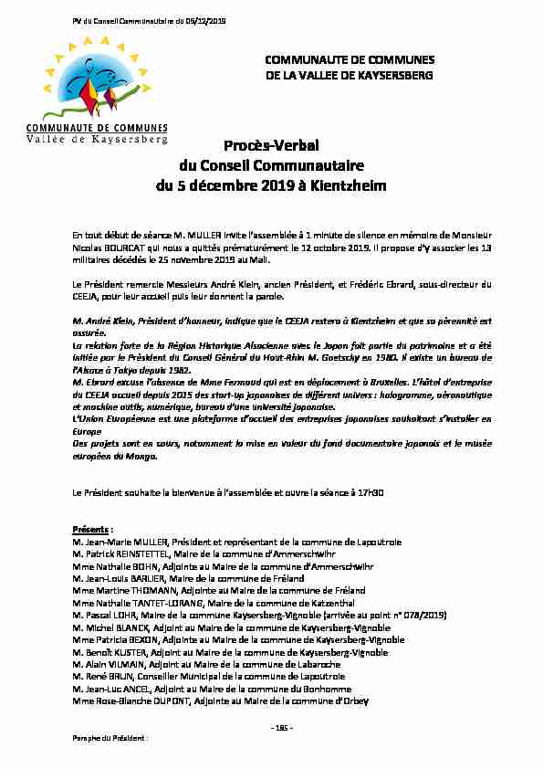 [PDF] Procès-Verbal du Conseil Communautaire du 5 décembre  - CCVK