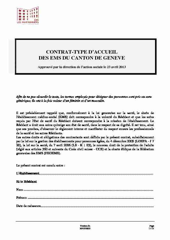 CONTRAT-TYPE DACCUEIL DES EMS DU CANTON DE GENEVE