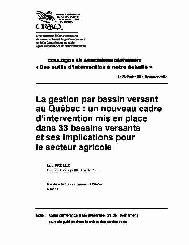 [PDF] La gestion par bassin versant au Québec : un  - Agri-Réseau