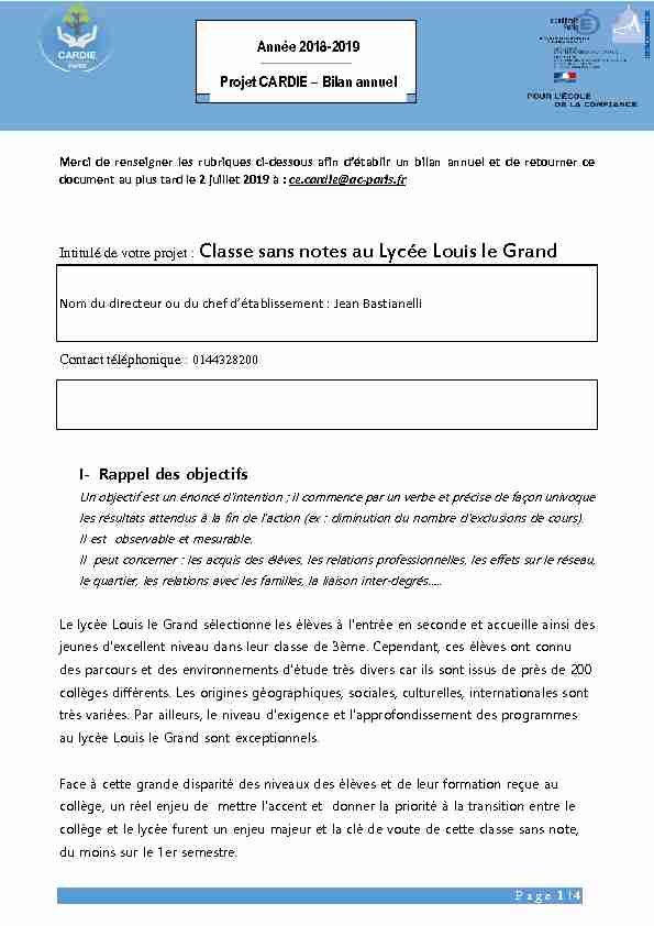 Intitulé de votre projet : Classe sans notes au Lycée Louis le Grand