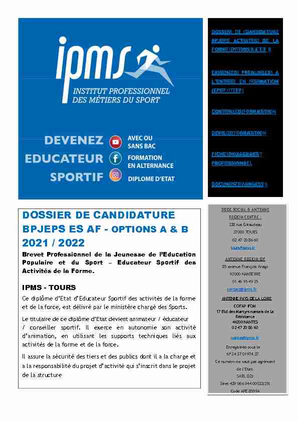 DOSSIER DE CANDIDATURE 2021 / 2022 - Tours