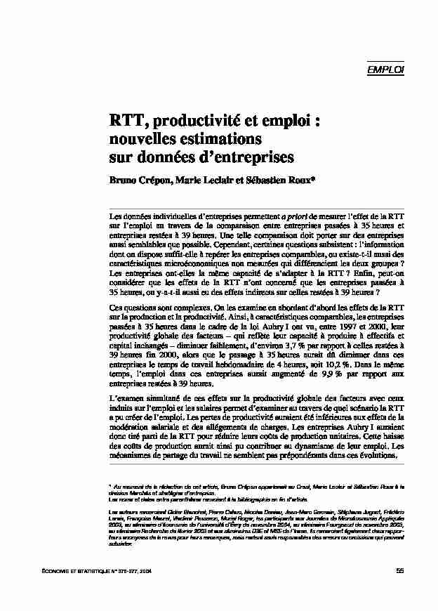 RTT productivité et emploi : nouvelles estimations sur données d