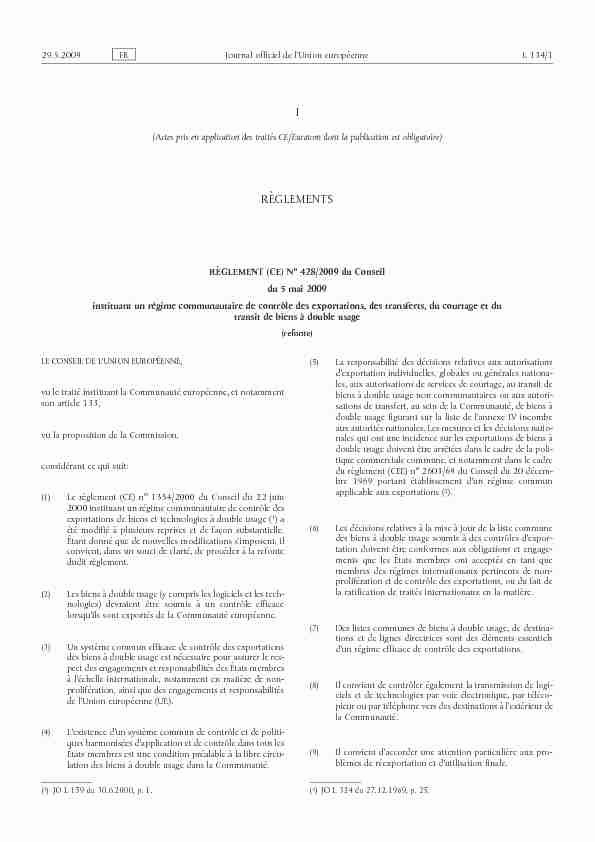 Règlement (CE) no 428/2009 du Conseil du 5 mai 2009 instituant