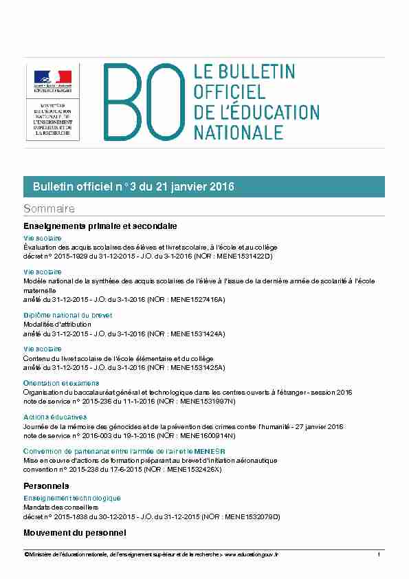 Bulletin officiel n°3 du 21 janvier 2016 Sommaire
