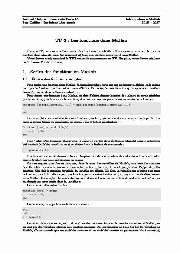 TP 3 : Les fonctions dans Matlab 1 Ecrire des fonctions en Matlab