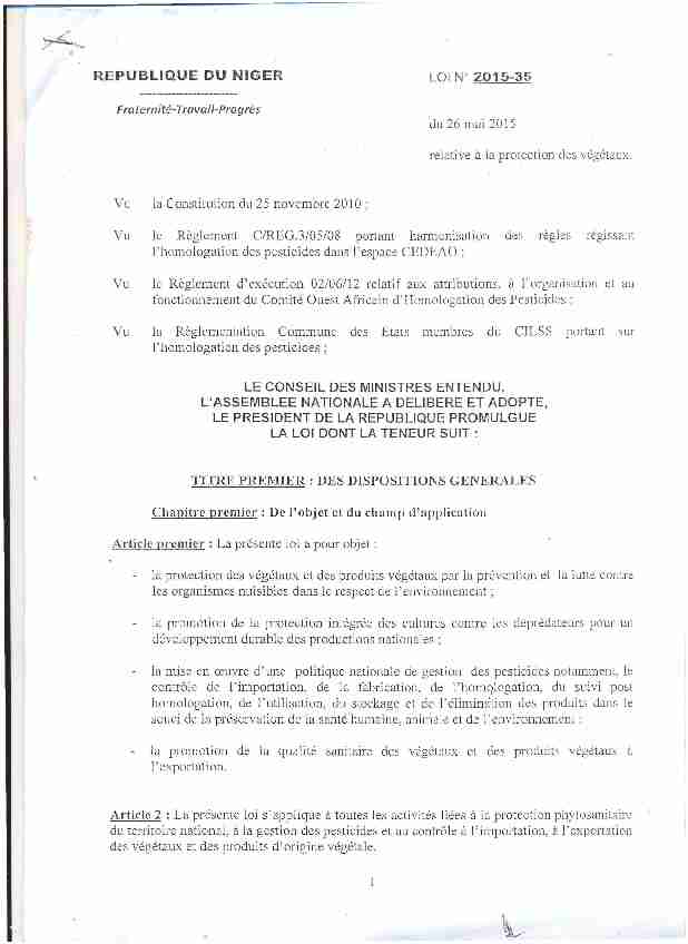 REPUBLIQUE DU NIGER du 26 mai 2015 relative a la protection