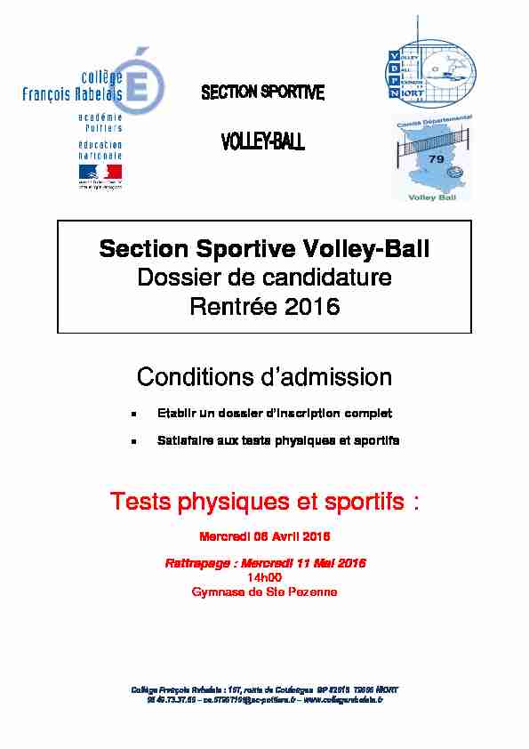 Section Sportive Volley-Ball Dossier de candidature Rentrée 2016