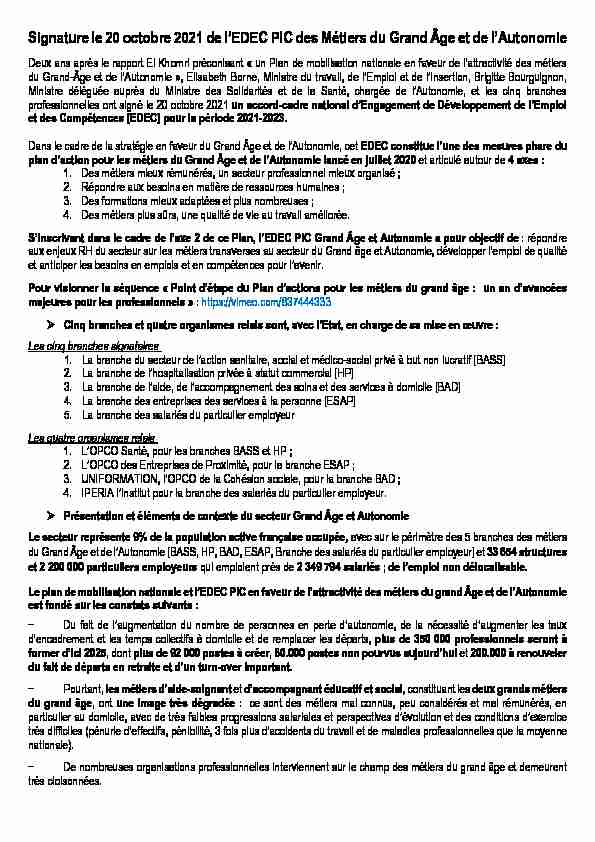 Signature le 20 octobre 2021 de lEDEC PIC des Métiers du Grand