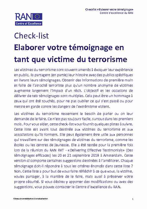 Check-list Elaborer votre témoignage en tant que victime du terrorisme