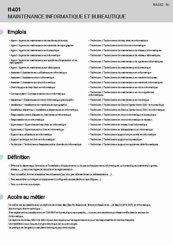 Fiche métier - I1401 - Maintenance informatique et bureautique