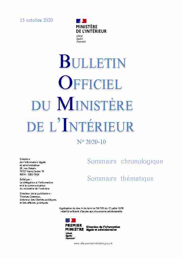 Bulletin officiel du ministère de lintérieur - N° 10 du 15 octobre 2020
