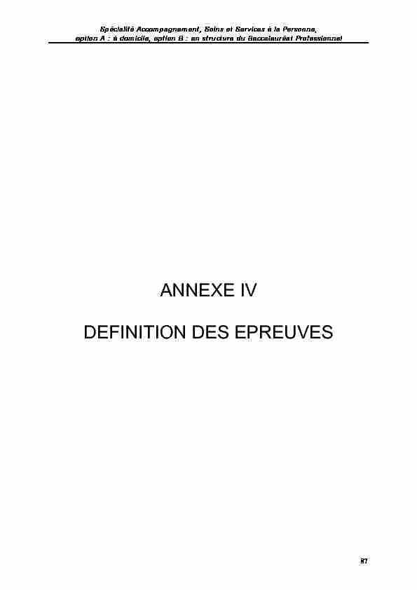 ANNEXE IV DEFINITION DES EPREUVES