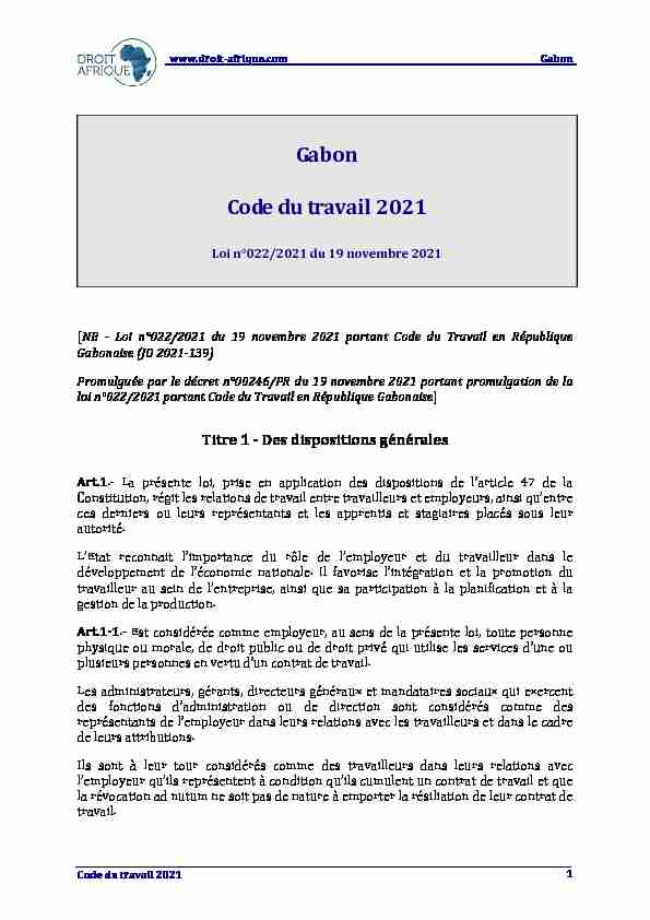 Gabon - Loi n°022/2021 du 19 novembre 2021 portant Code du