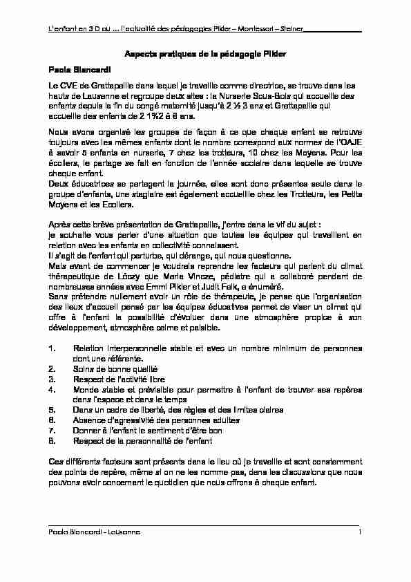 [PDF] Aspects pratiques de la pédagogie Pikler Paola Biancardi Le CVE